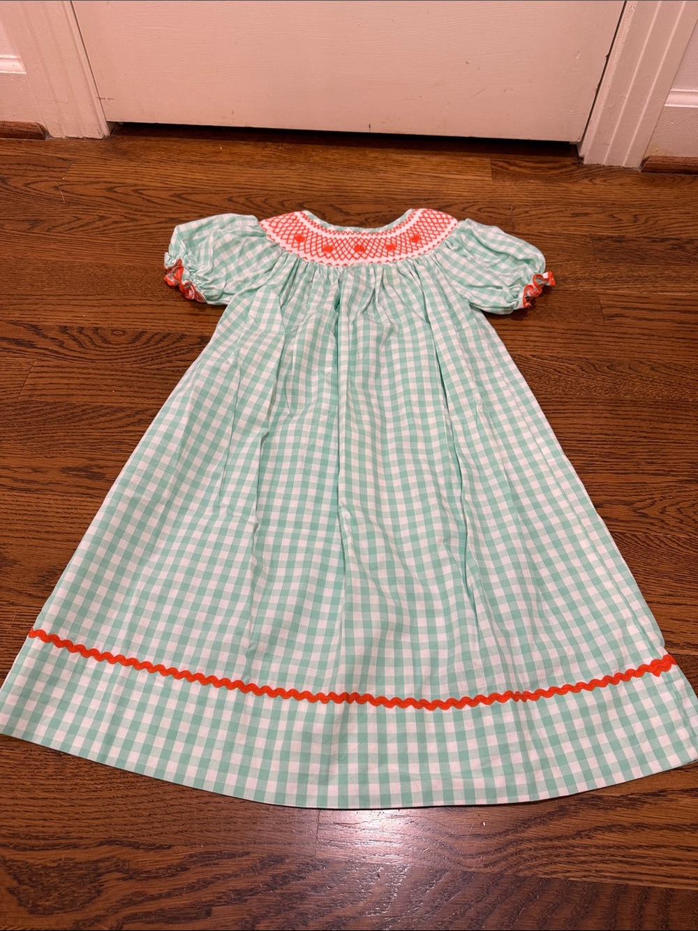 Girls' Mint Gingham Smocked Casual Dress with Coral Trim